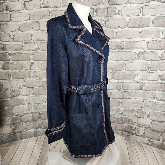 GAP Belted Denim Trench Coat  Embroidered Retro Blue Size Small - Picture 7 of 16
